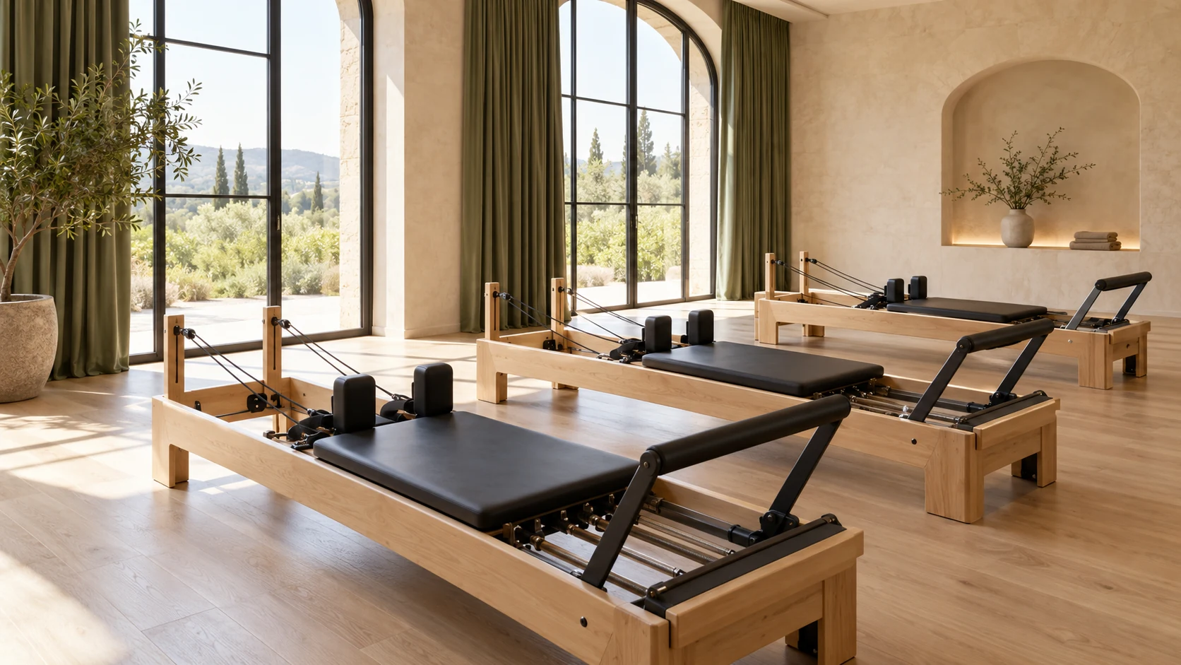 Pilates studiyasının konsepti Böyük pəncərələri və reformerləri olan studiyanın konsept interyeri